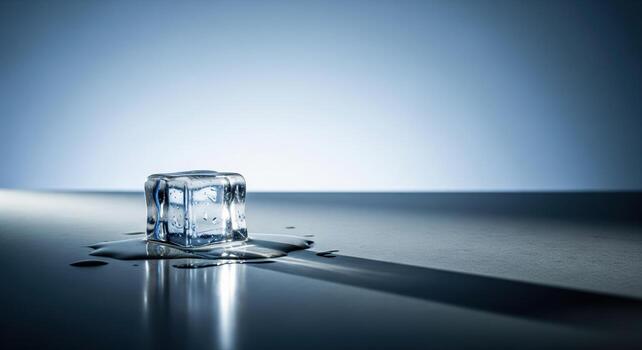 Ice Cube With Water Pool And Long Shadow On Smooth Reflective Surface Against Gradient Blue Background In Minimal Still Life Studio Photography photo