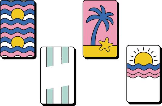 Retro beach vibes with stylized sun, waves, and palm tree icons for summer designs vector