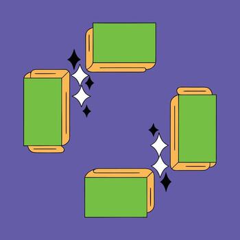 Four green rectangles with rounded edges arranged around sparkling stars on a purple background vector