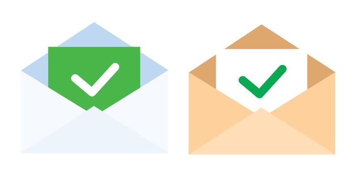 Two envelopes show green check marks for confirmed email sending and successful delivery icon. vector
