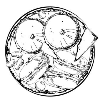 chocolate se desmorona, caramelo grageas, macarrones, y emparedado bollos en arcilla plato en tinta. aislado mano dibujado obra de arte evento menús, receta efectos visuales, comida envolver patrones, editorial ilustraciones. vector