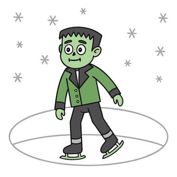 A cartoon frankenstein character enjoys ice skating surrounded by snowflakes on a white background vector