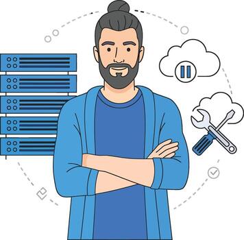 It professional with server racks, cloud computing, data management, network infrastructure support vector