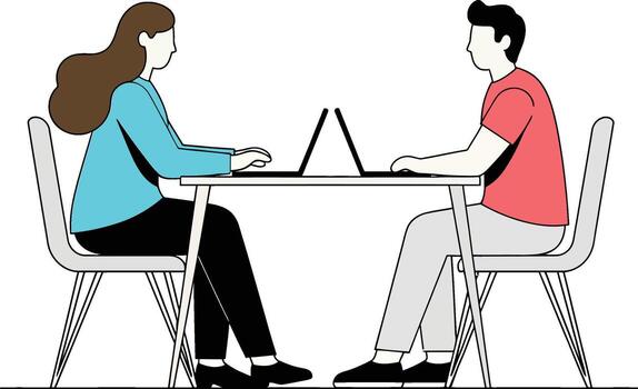 flat line illustration of two people working on laptops, side view, on a white background vector
