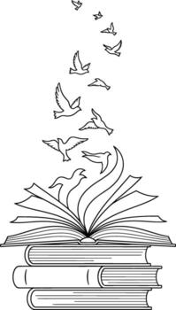 open book with flying birds, a symbol of freedom, knowledge, and imagination in line art vector