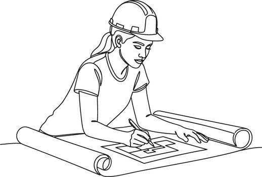 female architect drawing blueprints, continuous line art of a woman engineer designing a building vector