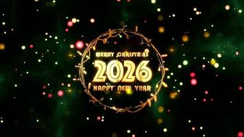 2028 Happy New Year golden text with glow bokeh floating on black background video