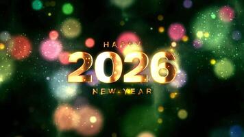 2026 contento nuovo anno d'oro testo con fuoco d'artificio e bokeh particelle video