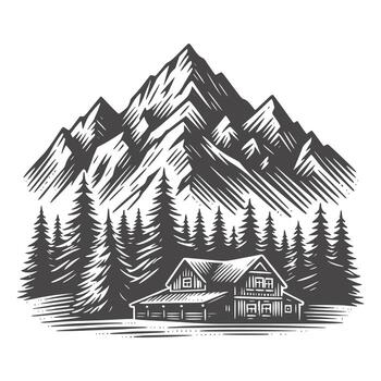 majestuoso montaña rango con vista a un rústico cabina rodeado por pino arboles vector