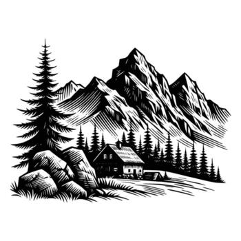 Majestic mountain range with rustic cabin and pine trees vector