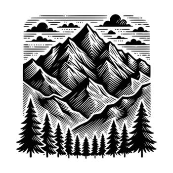 Majestic mountain range with pine trees and clouds vector