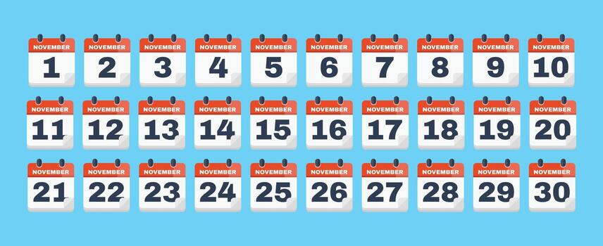 Complete November Calendar Dates 1 to 30 Icon Set vector