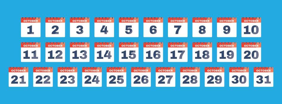 Complete October Calendar Dates 1 to 31 Icon Set vector