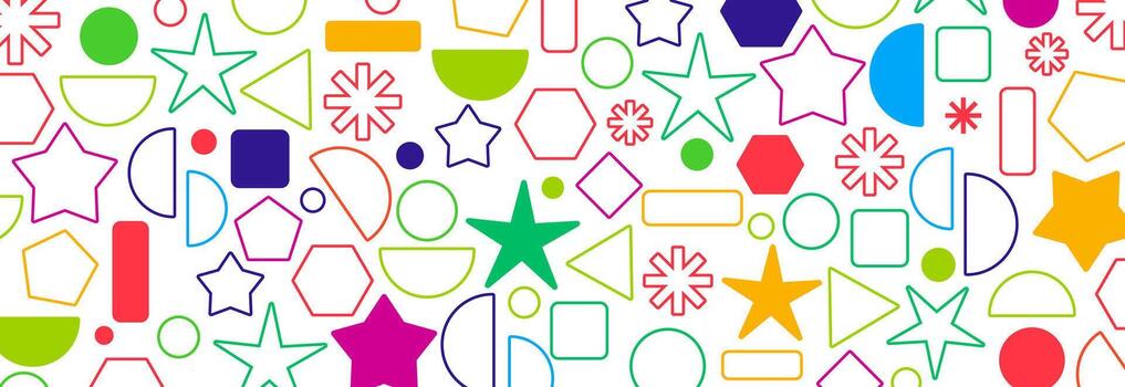 Fun Geometric Seamless Pattern Background. Bright, colorful illustration with stars, circles, hexagons, and simple shapes. Retro style design for kids, party, textile vector