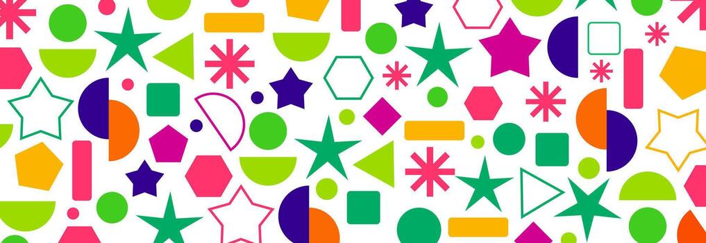 Fun Geometric Seamless Pattern Background. Bright, colorful illustration with stars, circles, hexagons, and simple shapes. Retro style design for kids, party, textile, and packaging. vector