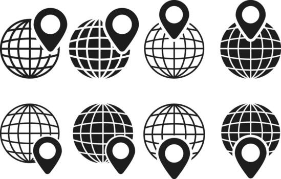 Globe icon with location symbol set. geo location symbols. Global Location, GPS Navigation and World Map icons. Worldwide map vector