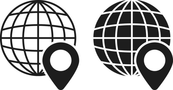Globe icon with location symbol set. geo location symbols. Global Location, GPS Navigation and World Map icon collection. Worldwide map. vector