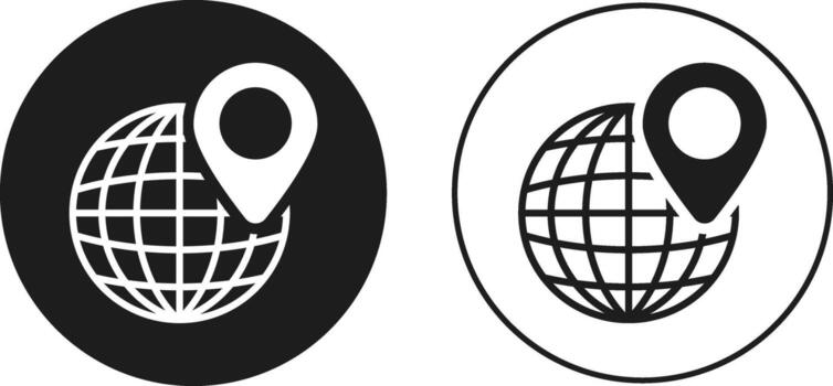 Globe icon with location symbol set. geo location symbols. Global Location, GPS Navigation and World Maps icons collection. Worldwide map vector