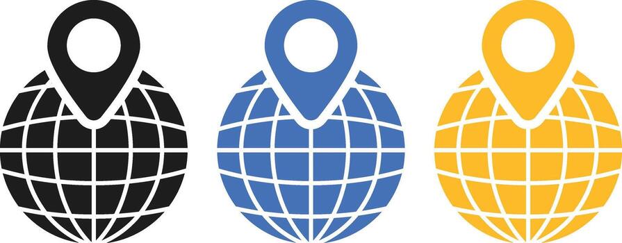 Globe icon with location icon set. geo location symbols. Global Location, GPS Navigation and World Map icons collection. Worldwide map vector