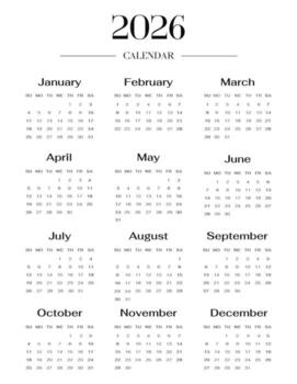 Minimalist English 2026 year calendar template single vertical page with 12 month. Layout yearly planner week starts on sunday with elegant typography vector