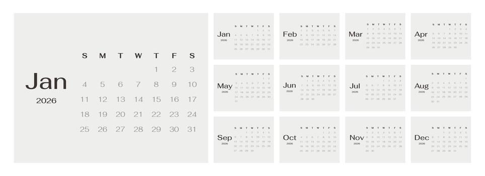 Minimalist Calendar 2026 set of template monthly horizontal pages week start on Sunday. vector