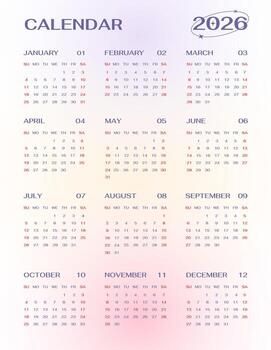 2026 year calendar template vertical single page of 12 month in gradient design. English planner week starts on Sunday vector