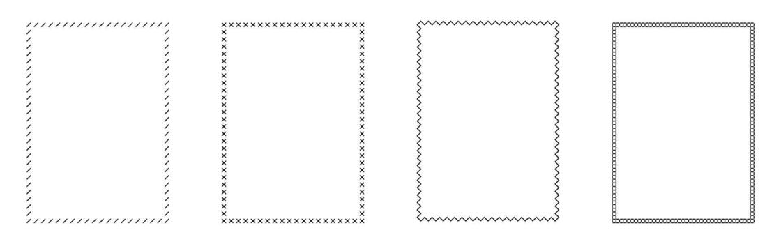 Set of black and white vertical stitched frame borders with various sewing patterns and minimalist style isolated on white background vector