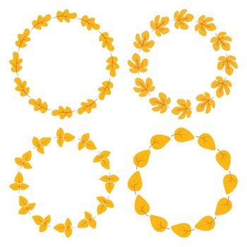 Set of simple autumn leaves wreath isolated on white background. Oak leaf, maple leaf. Fall round border. Circle frame. Perfect for greeting card, invitation and so on vector