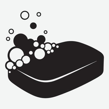 Soap bar with bubbles graphic design element, solid black silhouette of a soap bar generating white foam vector