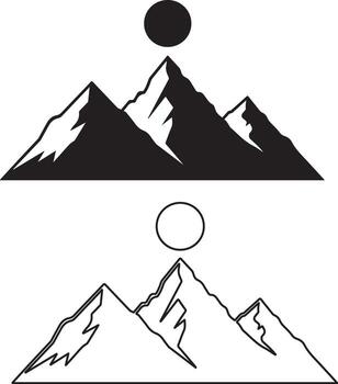 Mountain range with sun graphic design elements, solid fill and outline versions of peaks with a circle above vector