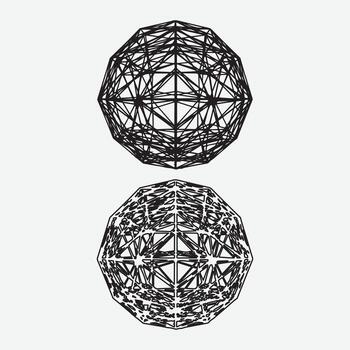 Abstract geometric wireframe sphere graphic design elements, two complex polyhedra shapes with intricate line patterns vector