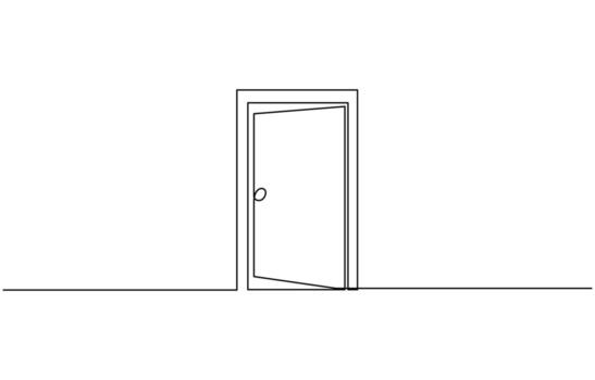 A modern line art depiction of an open door in one continuous line, Open door one line illustration vector
