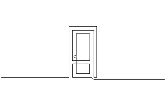 A modern line art depiction of an open door in one continuous line, Open door one line illustration pro stroke vector