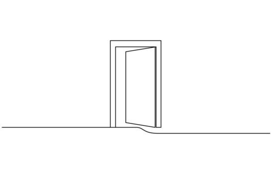 A modern line art depiction of an open door in one continuous line, Open door one line illustration pro outline vector