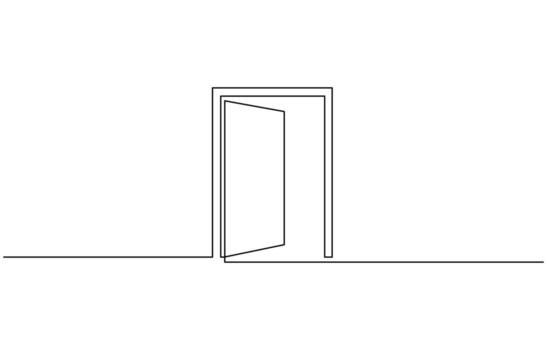 Continuous line of open doors. one line drawing of door isolated on white background. Pro design vector