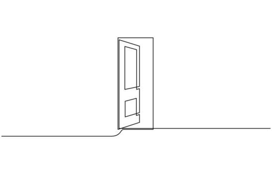 A modern line art depiction of an open door in one continuous line, Open door one line illustration outline vector