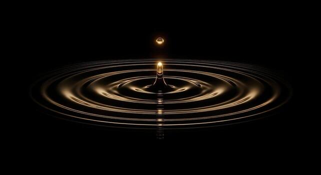 Golden Water Drop Impact Creating Concentric Ripples on Dark Surface. photo