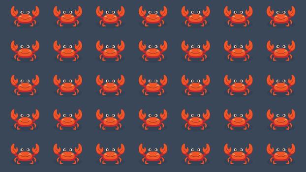 Seamless pattern featuring rows of smiling red cartoon crabs on a dark gray background. Cute ocean life print for fabric, wallpaper, and nautical themes vector