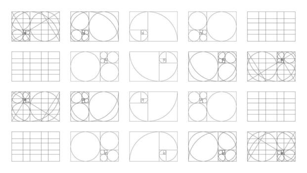 Golden ratio template big set. Fibonacci array, numbers forms. Method golden section samples. Harmony proportions frames. Outline graphic thin illustration. vector