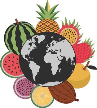 A colorful world surrounded by various fresh fruits in a vibrant display vector