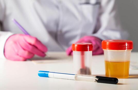 Analyzes of ejaculate, urine and feces on the table against the background of a doctor laboratory assistant. Concept for identifying infections in bacterial culture tests, copy space for text photo