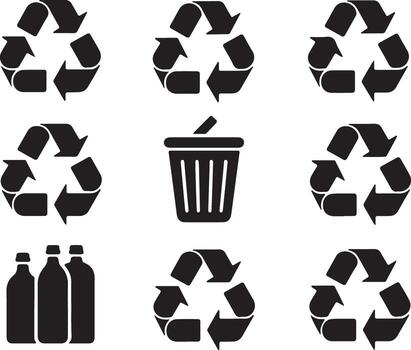 Recycle Icons Set Trash Bins Bottles Arrows Isolated on Transparency vector