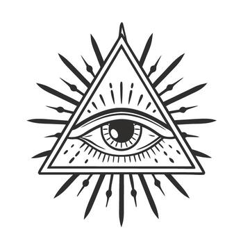 all seeing eye in triangle pyramid mystical symbol with radiating rays, esoteric design, ancient spiritual illustration vector