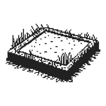 píxel Arte salvadera trama, aislado cuadrado jardín cama con punteado suelo y césped, retro negro y blanco juego vector