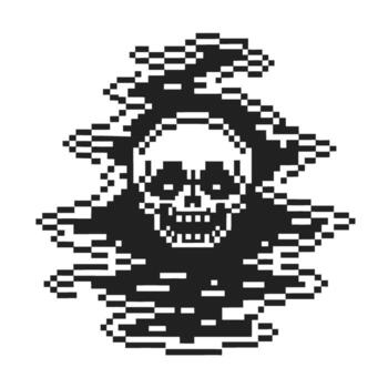 Pixelated skull with smoke effect retro digital death design, monochrome horror motif for game and tech themes vector