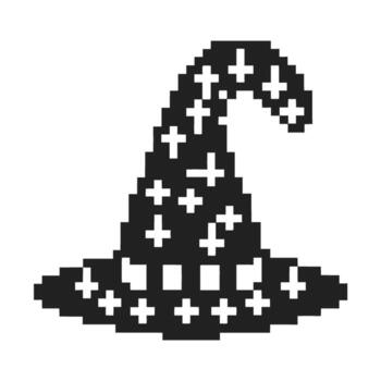 Pixelated wizard hat icon with stars, black and white magic symbol, retro computer game fantasy element illustration vector