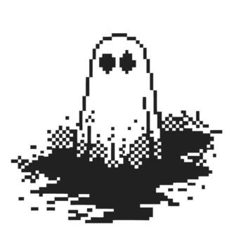 Pixelated ghost figure rising from black liquid surface retro 8 bit game design, mysterious supernatural apparition vector
