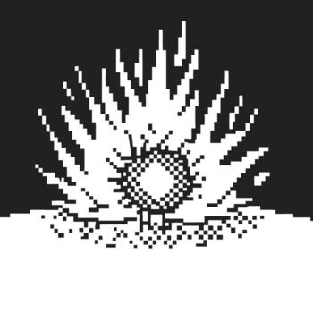 Explosion in retro pixel art black and white digital blast with radial lines, energy burst effect, minimalistic illustration vector