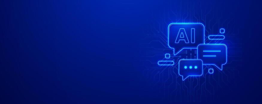 Glow of AI chat bubbles on a blue circuit background vector