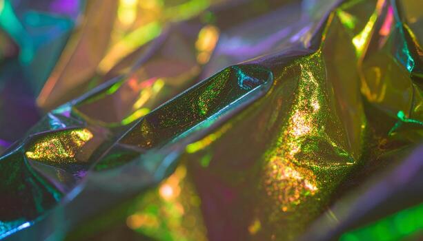 Iridescent Foil Texture with Rainbow Reflections and Abstract Folds. photo